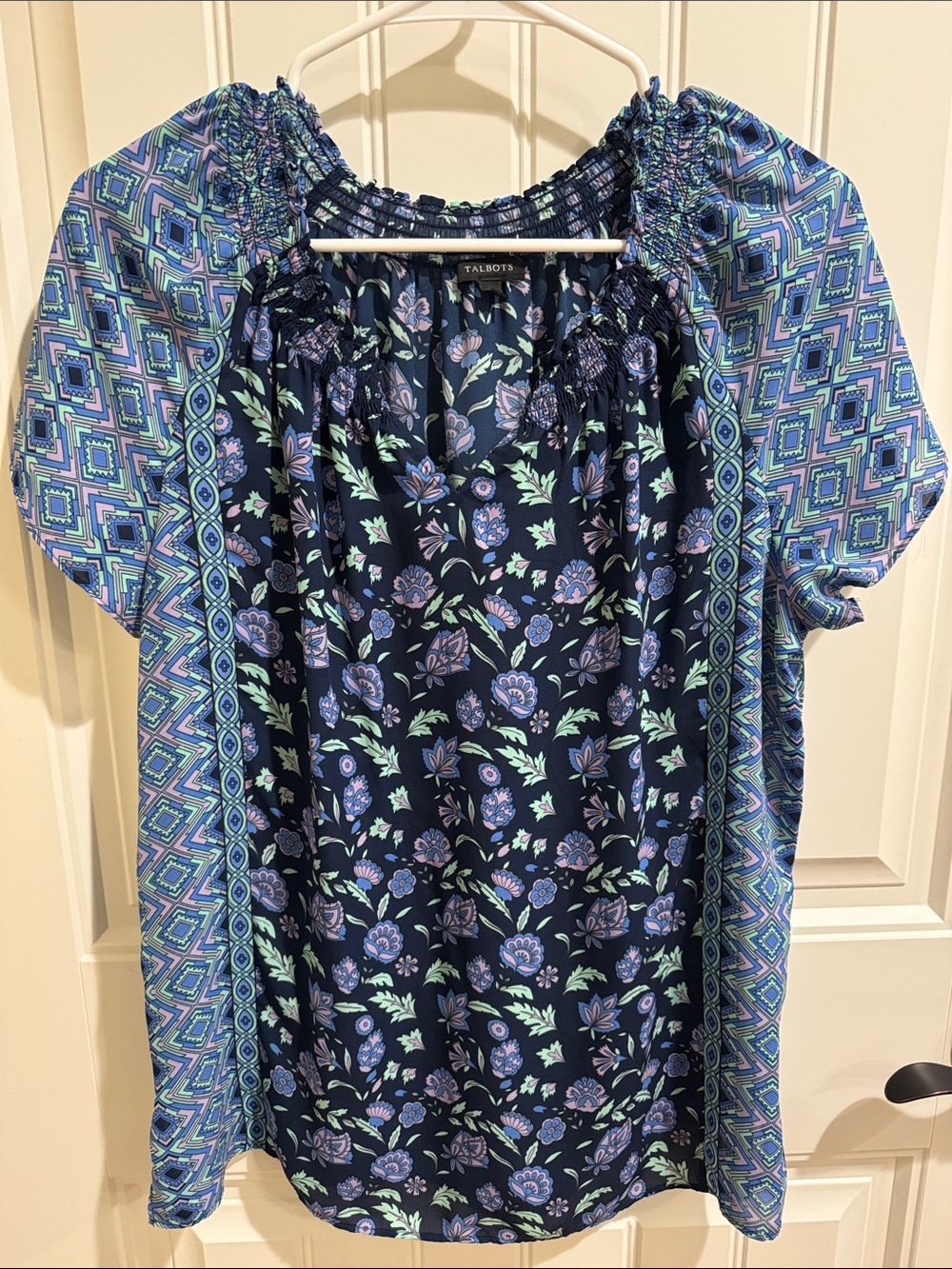 Talbots Navy Floral & Blue Geo Top